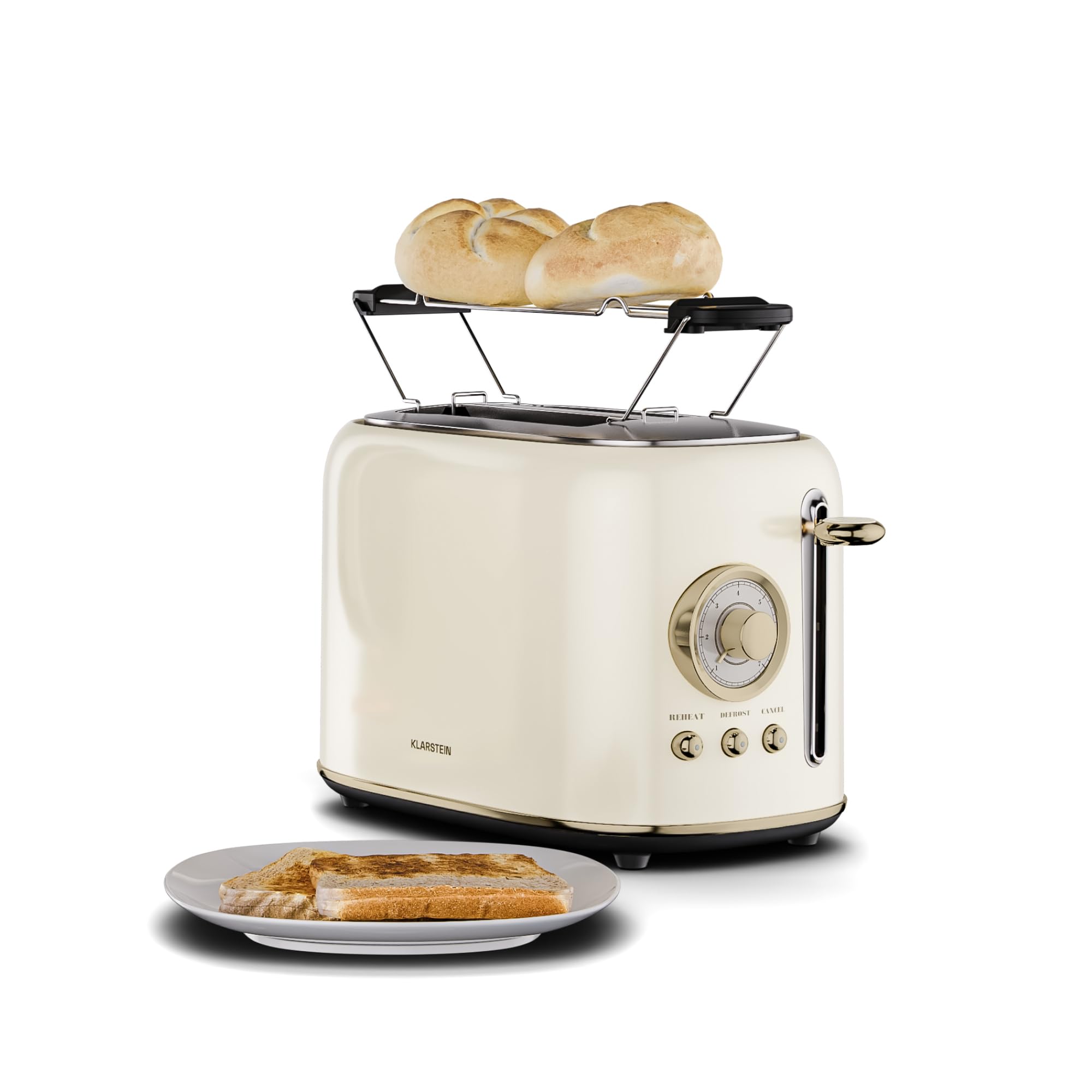 Klarstein Victoria Toaster – Retro 2 Slice Toaster 800W, 7 Browning Levels, Defrost & Reheat Function, Bun Warmer, Crumb Tray