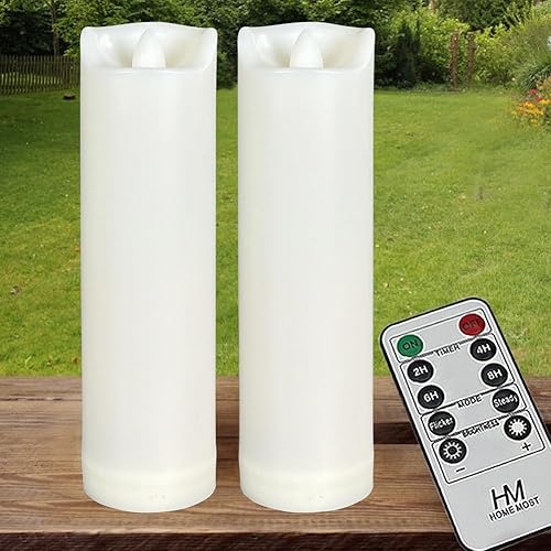 HOME MOST Paquete de 2 velas LED de color marfil para exteriores de 2 x 7 pulgadas, sin perfume, impermeables, sin llama, sin llama, con control