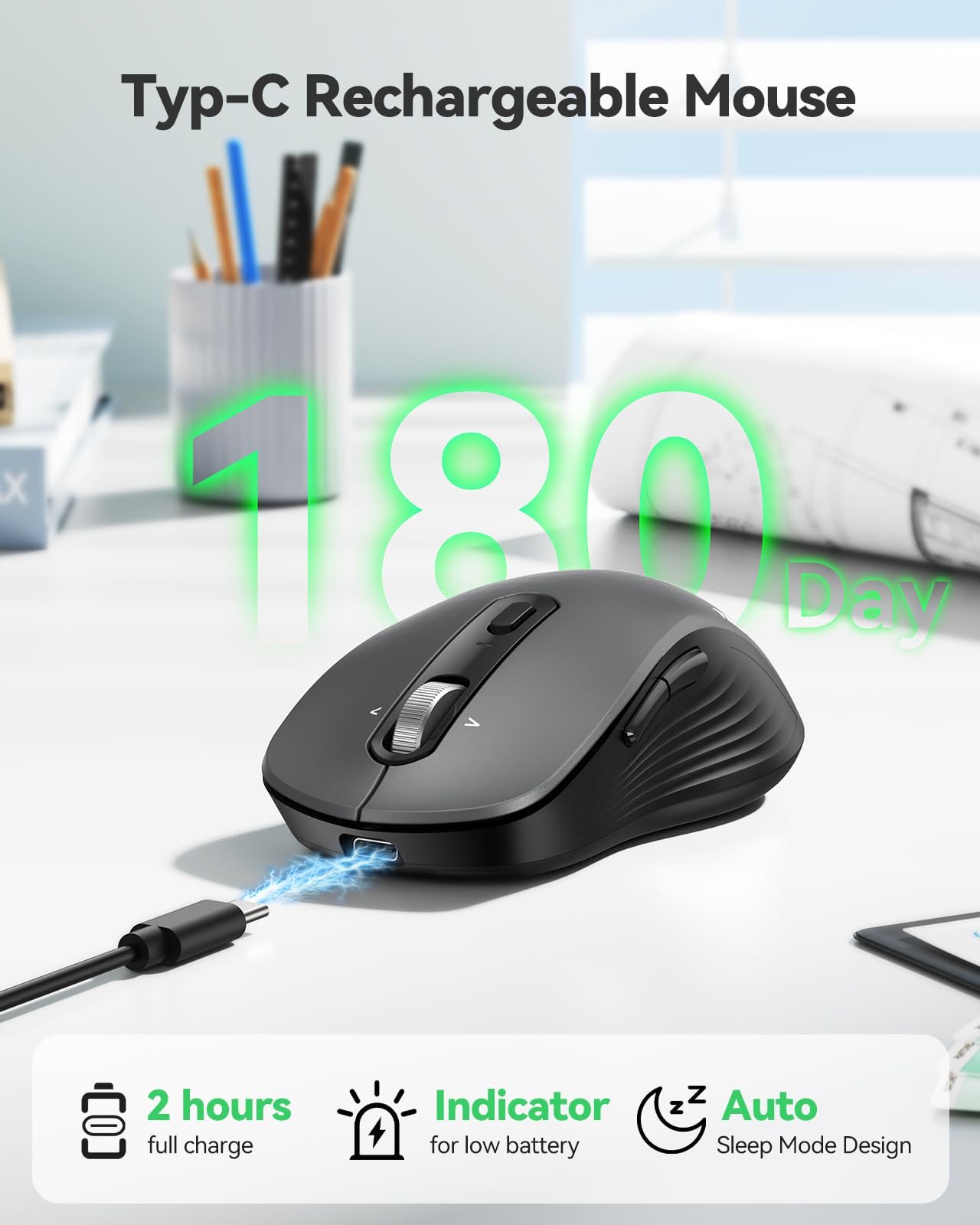 TECKNET Rechargeable Bluetooth Mouse, [ USB + BT5.0 + BT3.0 ] Wireless Mouse, Ergonomic 4-Way Scroll Wheel Computer Mice, 6-Level 4800 DPI Silent Mice, Multi-Device for Computer/Laptop/MacBook - Grey - 4