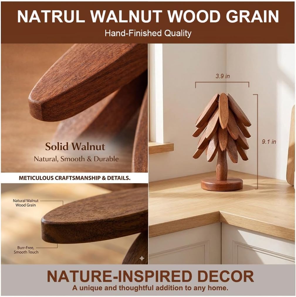 Wooden Trivets for Hot Dishes, Foldable Tree Trivet Set with Stand, 4-Layer Walnut Wood Trivet for Pots, Pans, Coffee & Teapot, Space Saving Table Protector for RV, Decorative Kitchen Decor & Gift