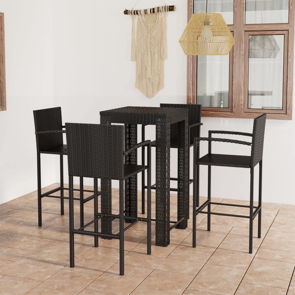 5-częściowy zestaw barów ogrodowych, polirattan, czarny, z podłokietnikami, meble do jadalni na taras, 60,5 x 60,5 x 110,5 cm, 4 krzesła, wytrzymały