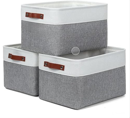 Large Fabric Storage Baskets for Shelves – 3 Pack Cloth Organizer Bins with Handles – Gray and White Decorative Containers for Home Organization Labor Day Sale