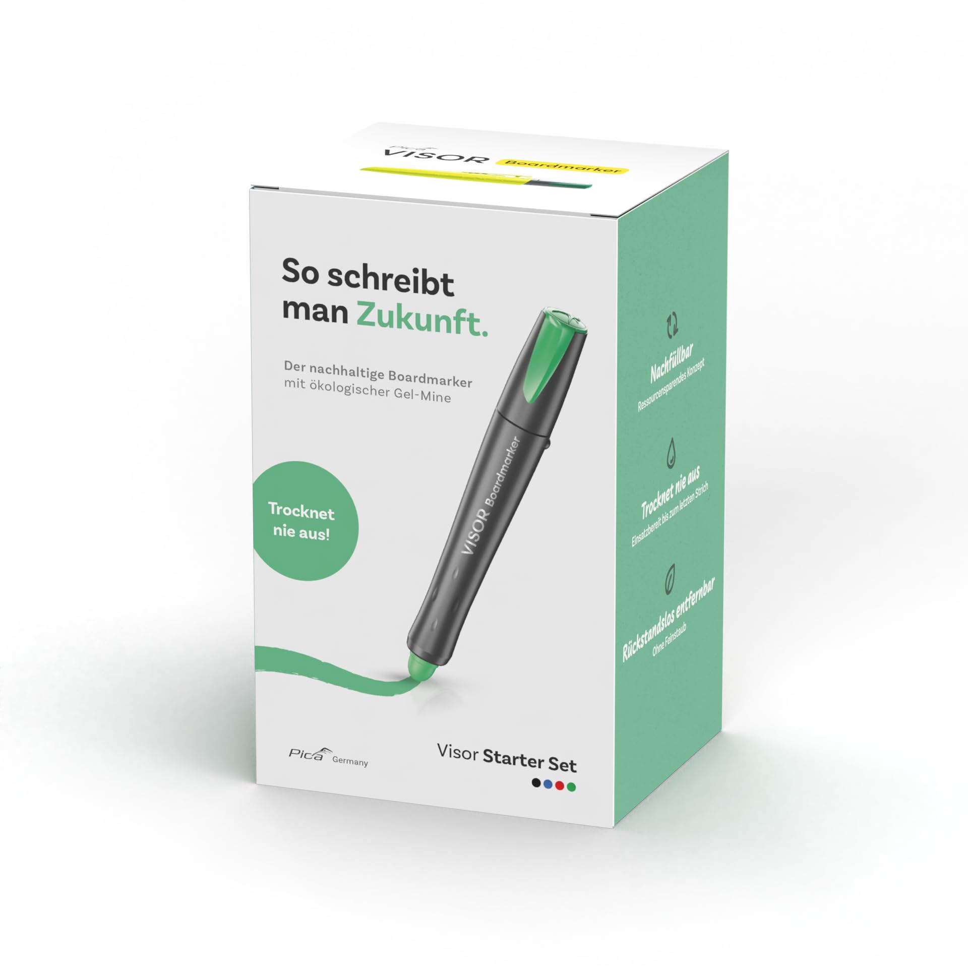 Pica Visor Boardmarker Starter-Set I Whiteboard komplett-Set | 4 Marker, Wischer und 2 Mikrofaser-Pads I trocknet nie aus I nachhaltige Gelmine I für Whiteboards, Tafeln und Glas