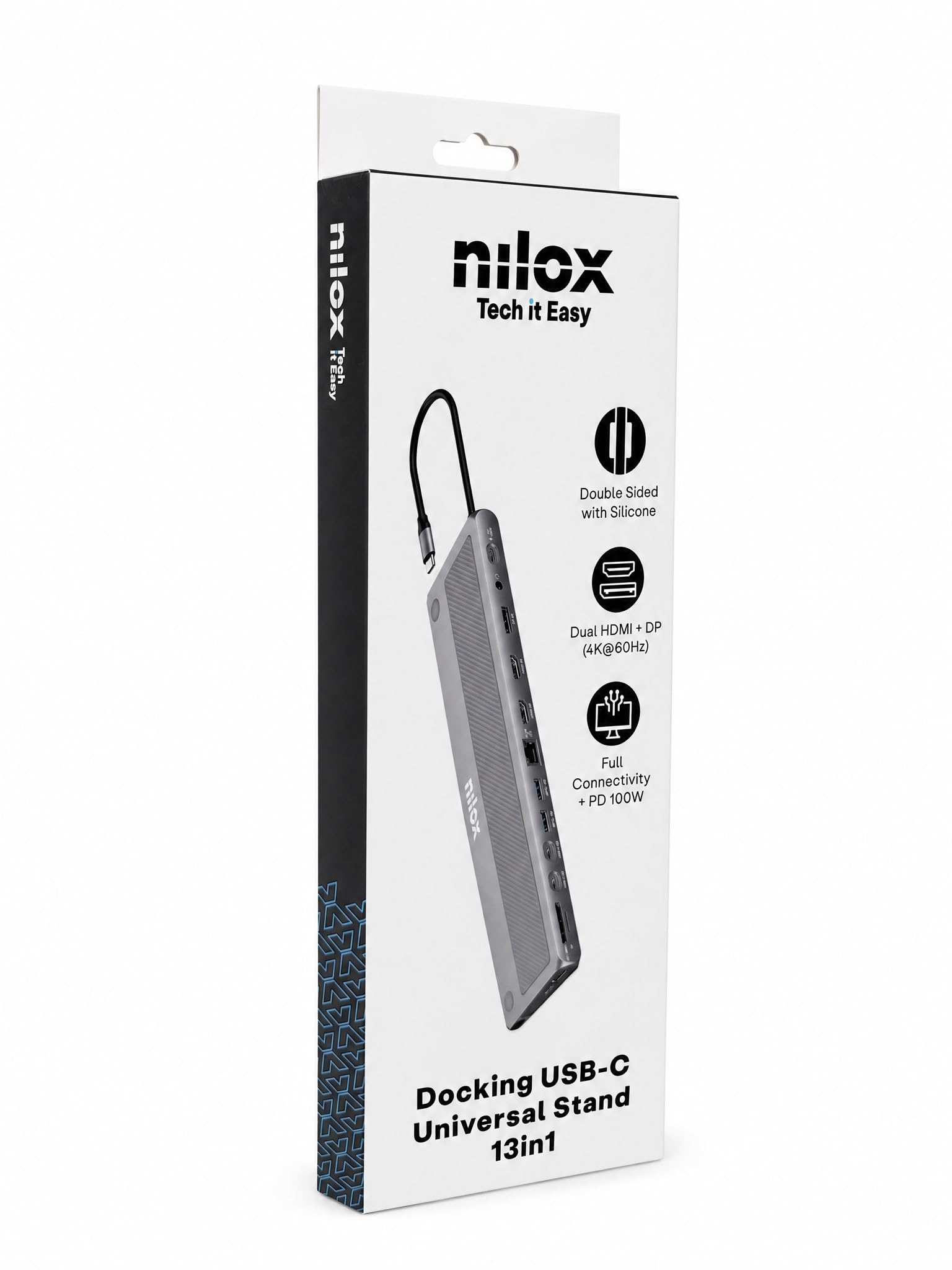 Nilox, Hub USB-C 13 en 1, Docking Station, Estructura Slim, Plug & Play | con 2 HDMI 4K, DisplayPort 4K, 3 USB 3.0, 2 USB-C, PD 100W, Ethernet RJ45, SD/MicroSD, Audio 3,5 mm