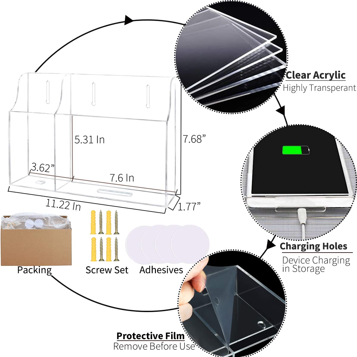 Pansyling Clear Wall Tablet Holder Acrylic Wall Mounted Phone Holder for iPad, Remote Control Holder Laptop Stand for eReader Storage Caddy with Charging Holes for Kindle iPhone