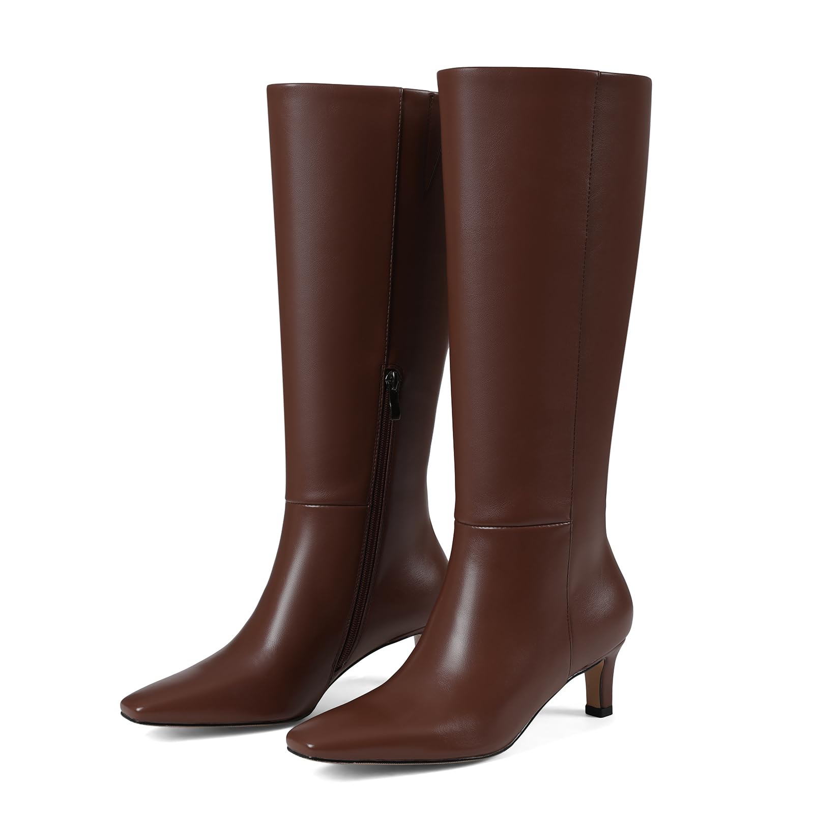 Womens Dark Brown Boots Kitten Heel Square Toe Leather Dresses Comfortable Tall Boot Narrow Calf Side Zipper Low
