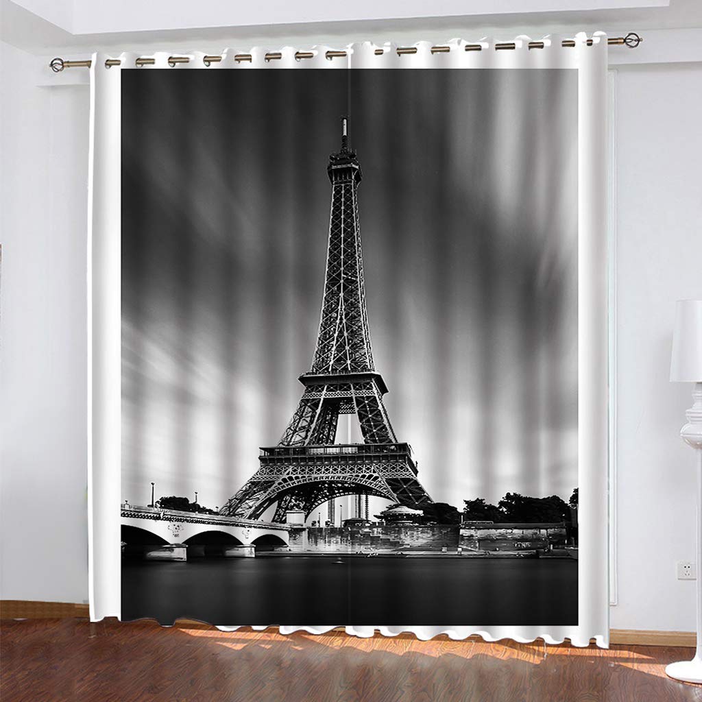 Rideau Enfant Voilage 200x160 Cm Salon Motif Paris Noir et Blanc à Oeillets