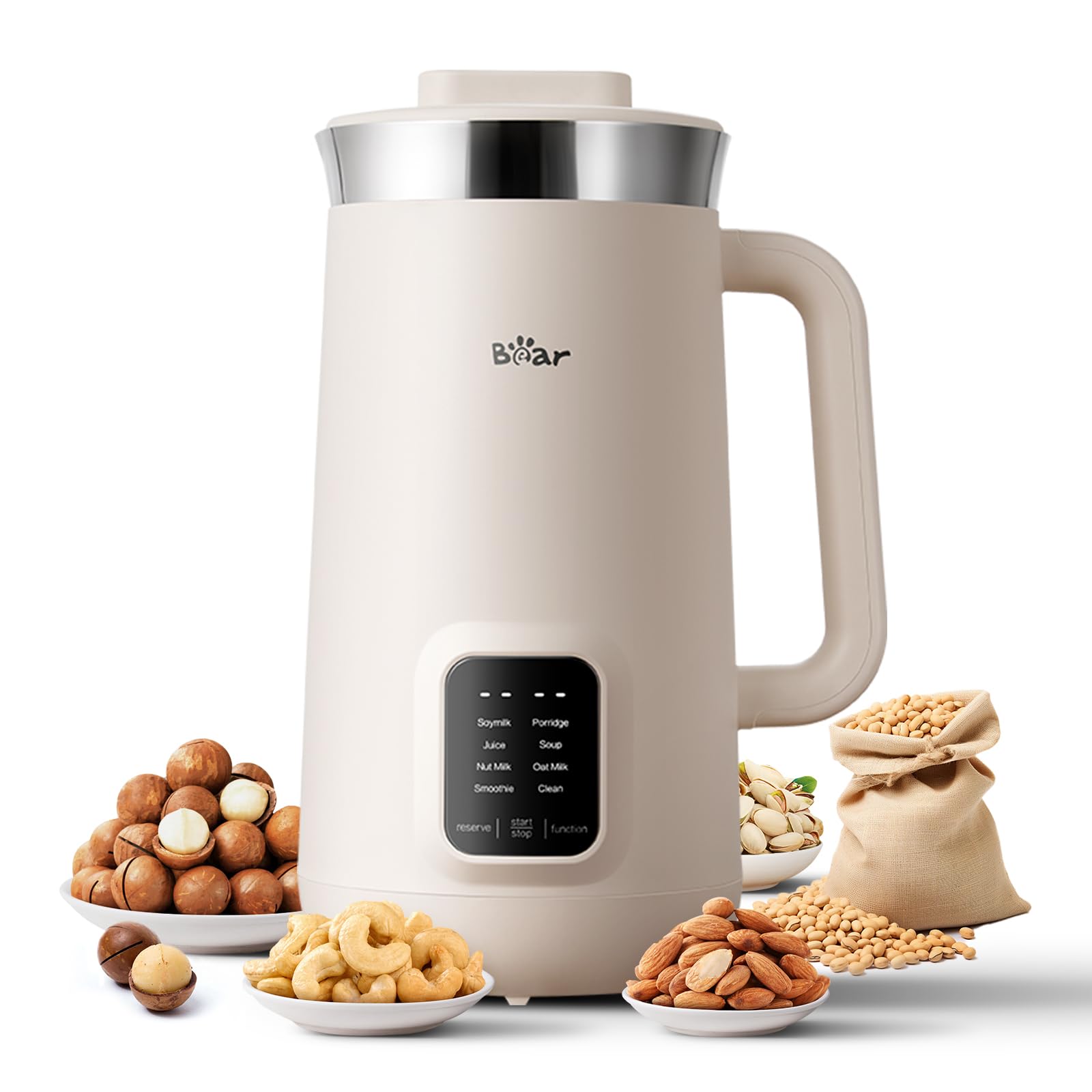 Bear 8 in 1 Nut Milk Maker Machine, 40oz/1.2L Soy Milk Maker with Self Clean/12H Delay/6H Keep Warm, One Touch Alomnd Milk Maker for Homemade Oat, Soup, Juice, Plant Based and Non Dairy Beverages