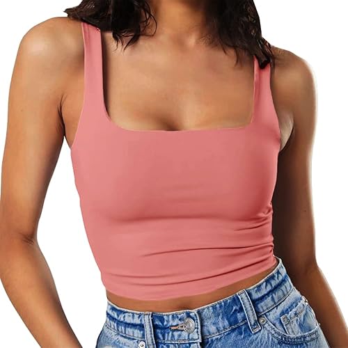 Artfish Women's Sleeveless Strappy Tank Square Neck Double Layer Workout Fitness Casual Basic Crop Tops