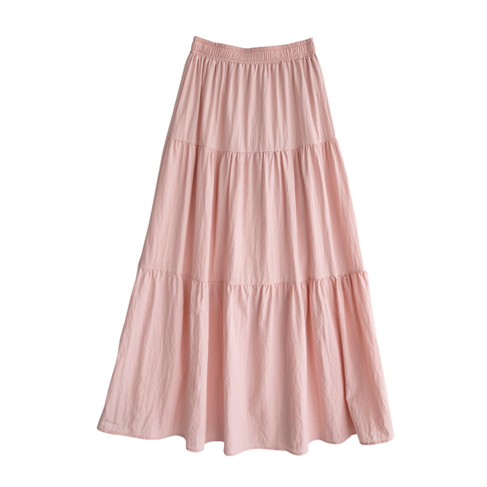 DUddTTW Loose Women's Midi Skirt Midi Length Flowy Long Skirt Maxi Skirts A-line Ankle Length Skirts Elastic High Waisted Swing Skirt(Rose)