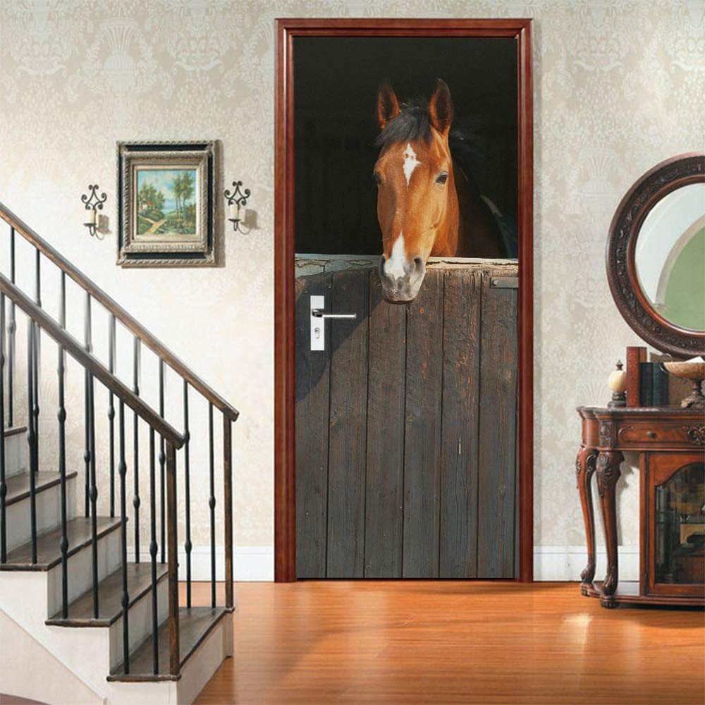 3D Door Stickers Murals Peel and Stick - Horse - Door Wallpaper Self-Adhesive Door Decals Removable PVC Waterproof Door Poster for Bedroom Living Room Door Wall Decoration 35.4 x 78.7 inch