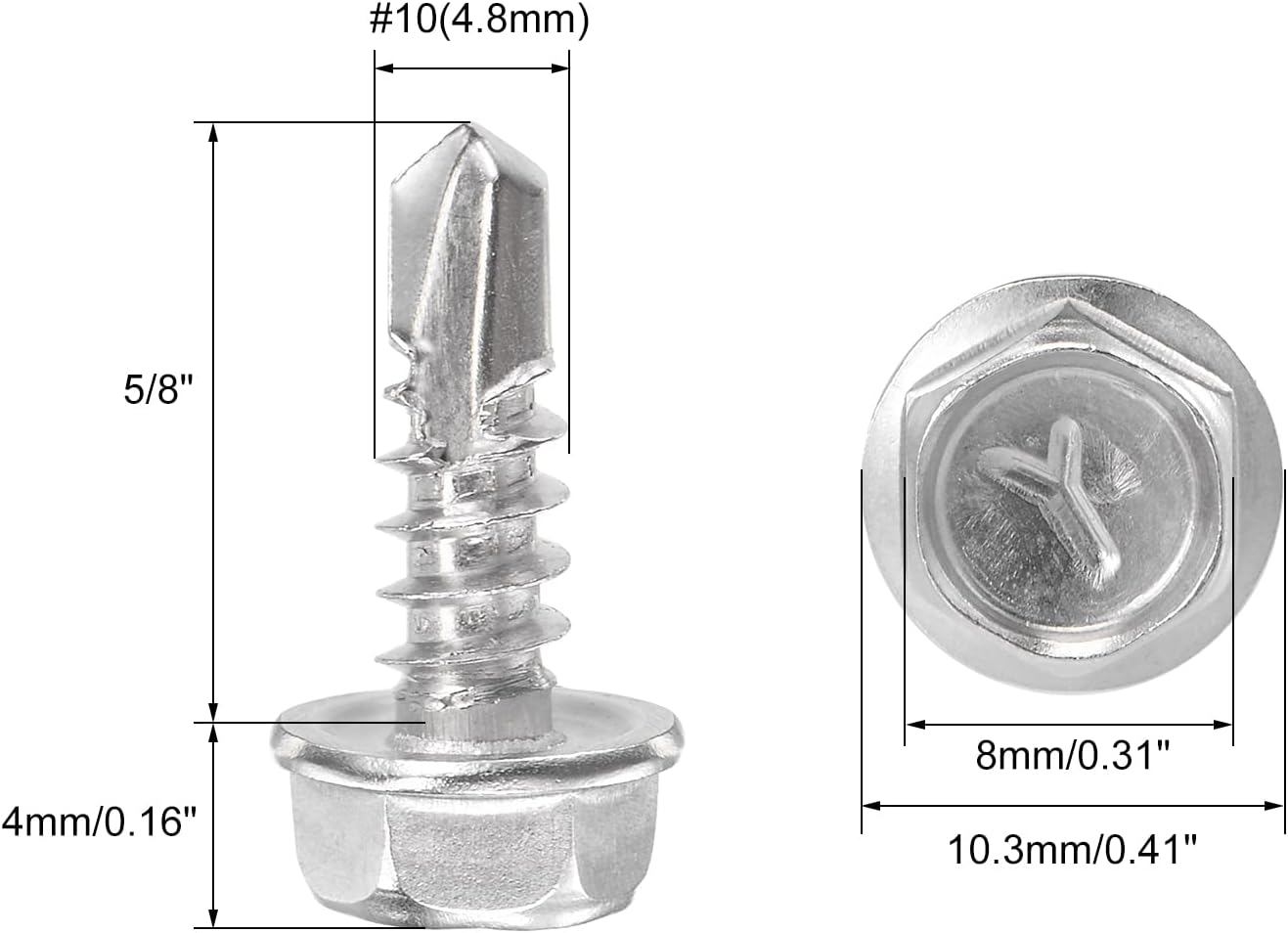 sourcing map Hex Washer Head Self Drilling Screws, #10 x 5/8" 410 Stainless Steel Self Tapping Sheet Metal Screw 50pcs - Image 3