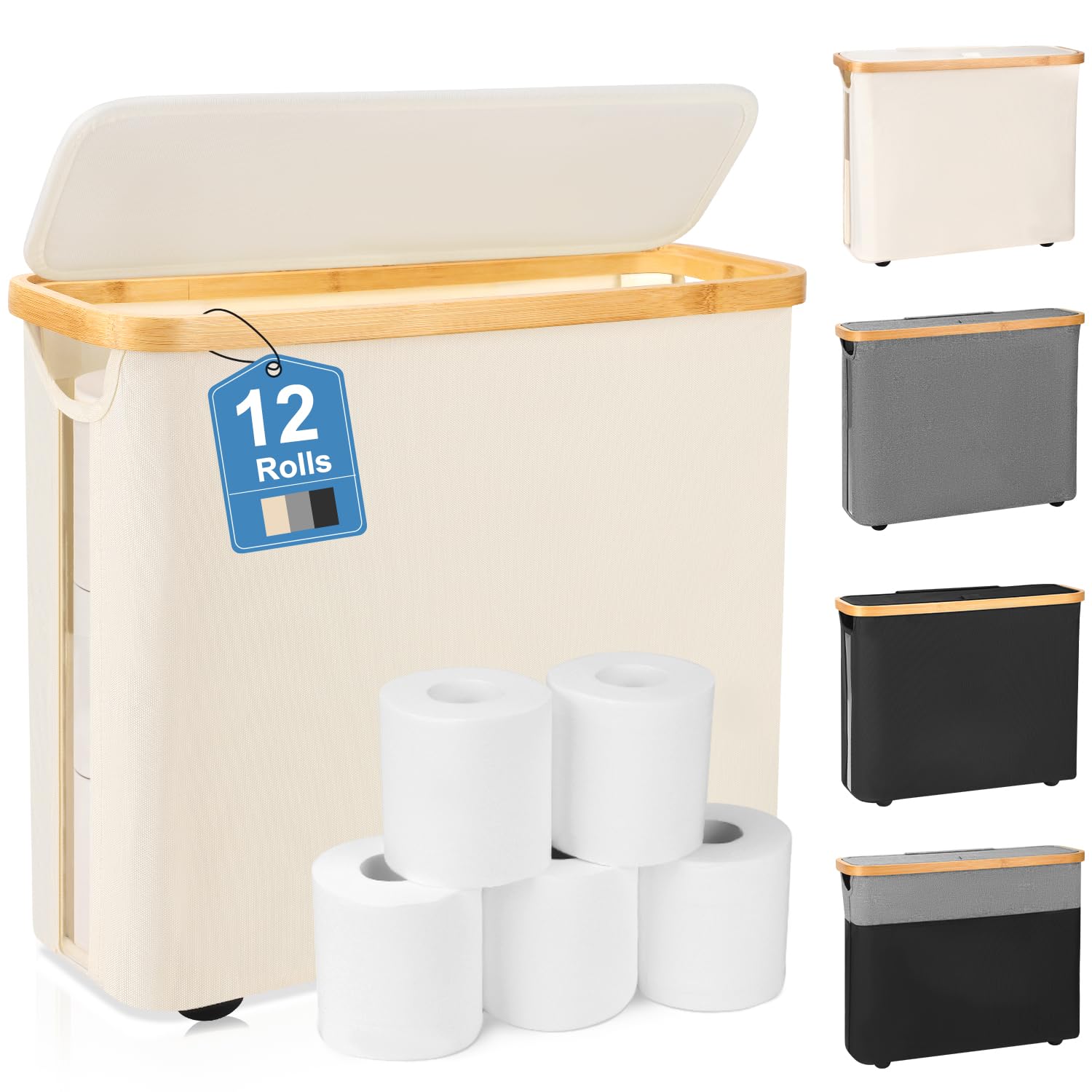 TACGEA Toilet Paper Storage Basket, Toilet Paper Container with Lid, Bathroom Organizer Hold up to 9 Mega Rolls or 12 Regular Rolls, Beige