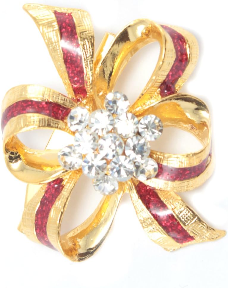 Casual Ribbin Bow Red Stripe Crystals Gold-tone Brooch Pin