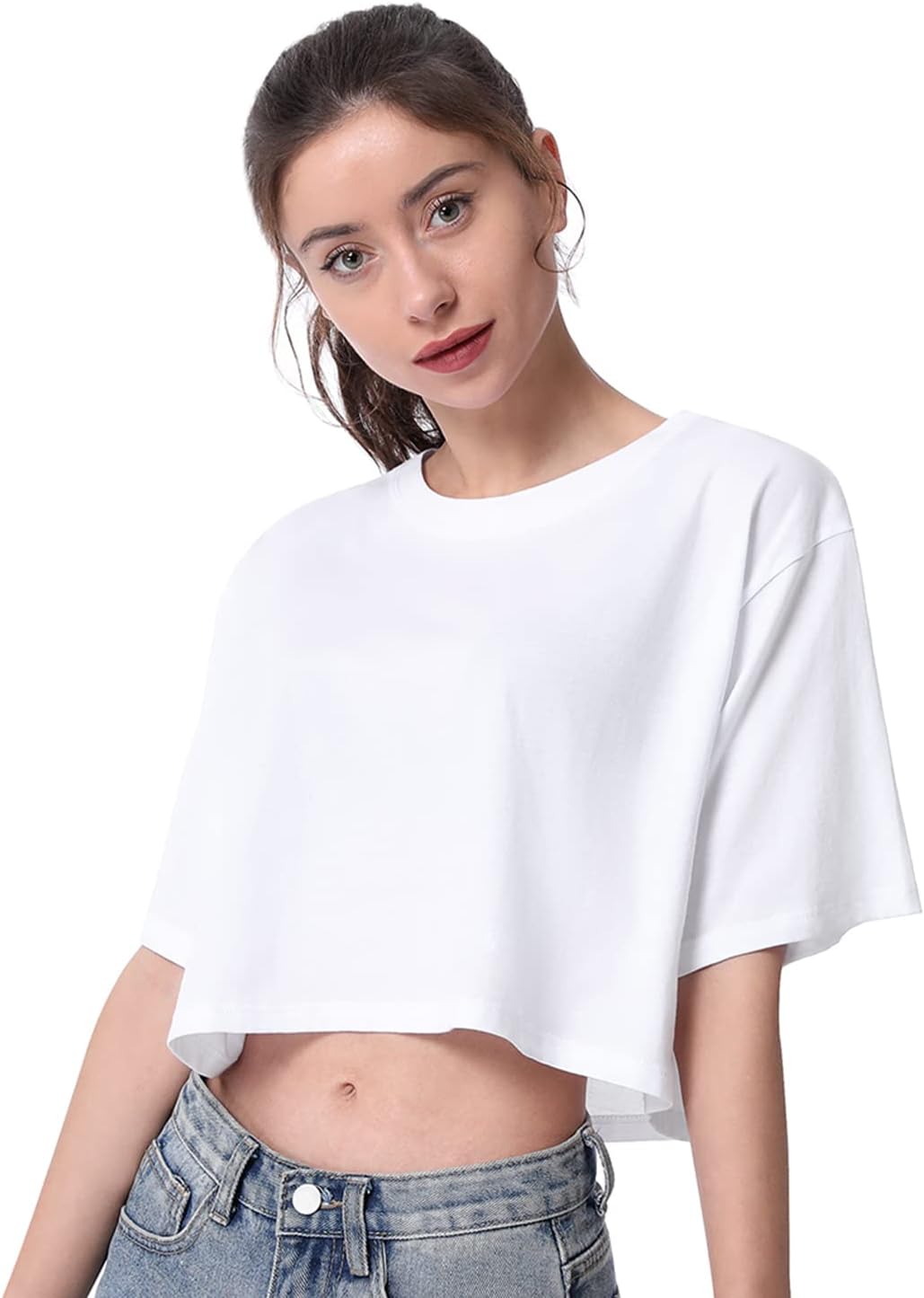 Xelky Womens Crop Casual Tops Tshirt Cotton Loose Workout Short Sleeve Round Neck Tee Yoga Running Shirts 4 Pack - Image 3