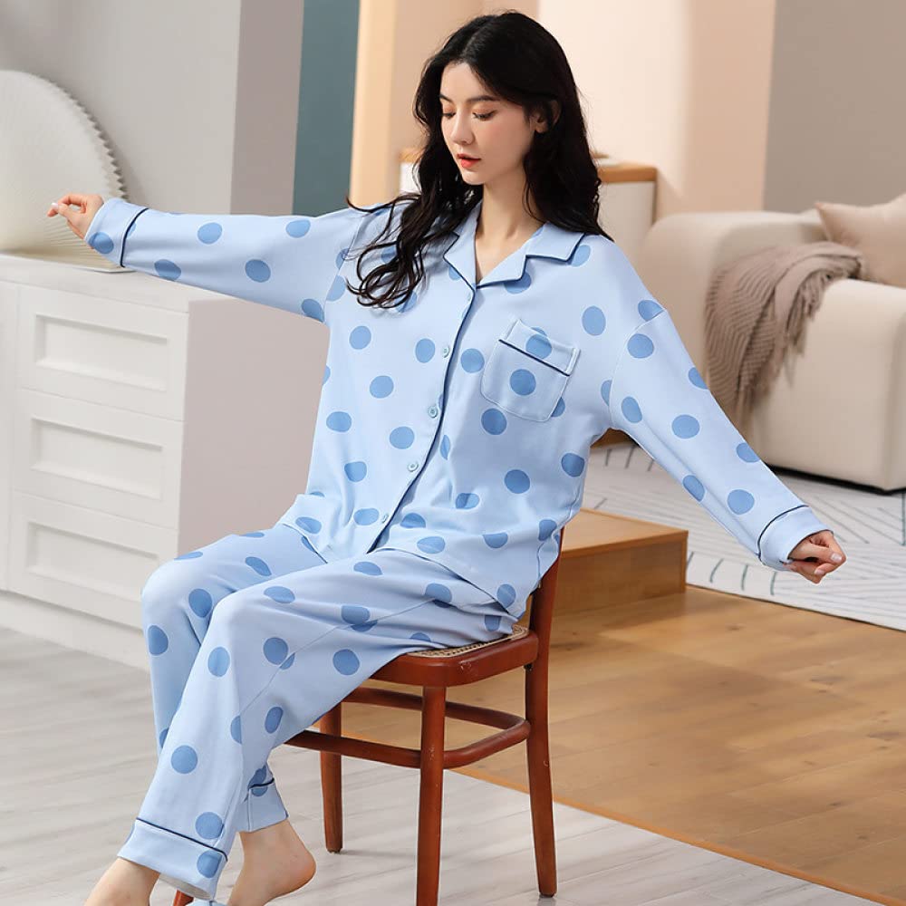 Pijamas Mujer Invierno,Conjuntos De Pijamas para Mujer Estampado De Lunares con Solapa De Algodón Azul Claro con Bolsillo Pijama De Manga Larga Cálido Y Acogedor Clásico Top & Amp; Conjunto De Pa