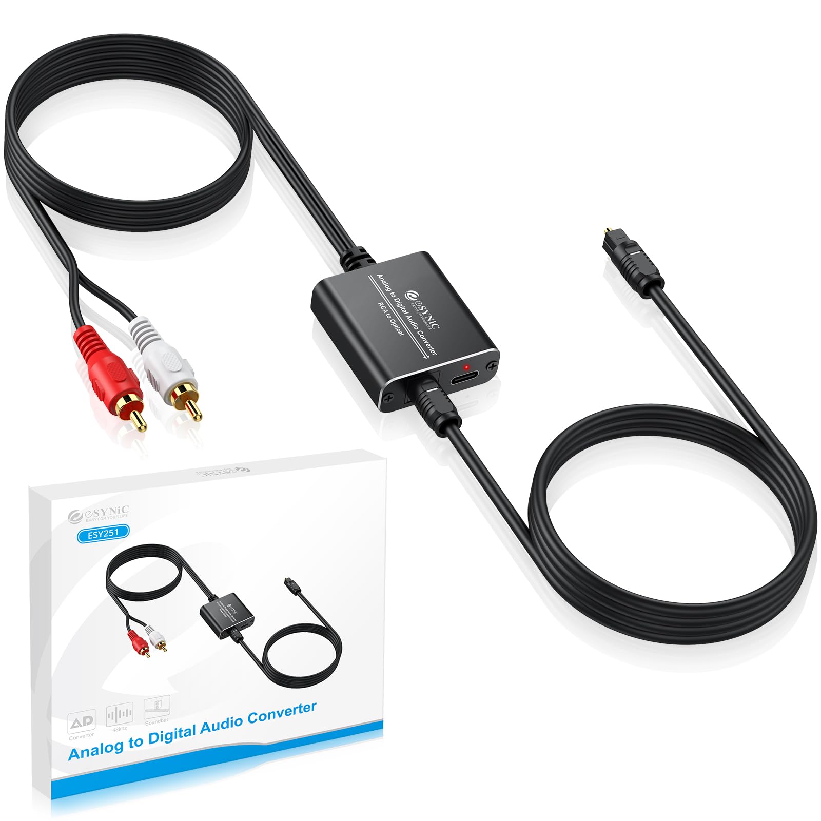 eSynic Convertisseur RCA vers SPDIF RCA vers Optique 48KHz Alliage Aluminium Câble Intégré de 1,1m Convertisseur Audio Analogique-numérique pour Platine CD DVD vers Soundbar