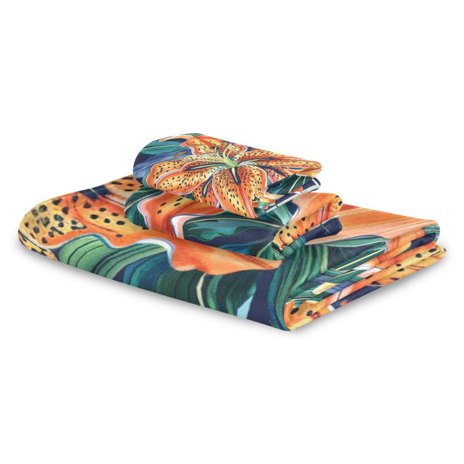Set di 3 asciugamani da testa a punta con fiori arancioni in stile bohémien, 1 asciugamano da bagno, 1 asciugamano per mani, 1 panno per spiaggia, capelli, viso, palestra, nuoto, cucina