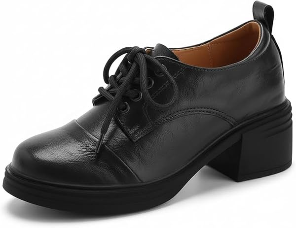 Zapatos Oxford de tacón grueso para mujer, de cuero con cordones, punta redonda y tacón bloque, con plantillas que aumentan la altura, estilo retro JK, para uniforme, fiesta u oficina