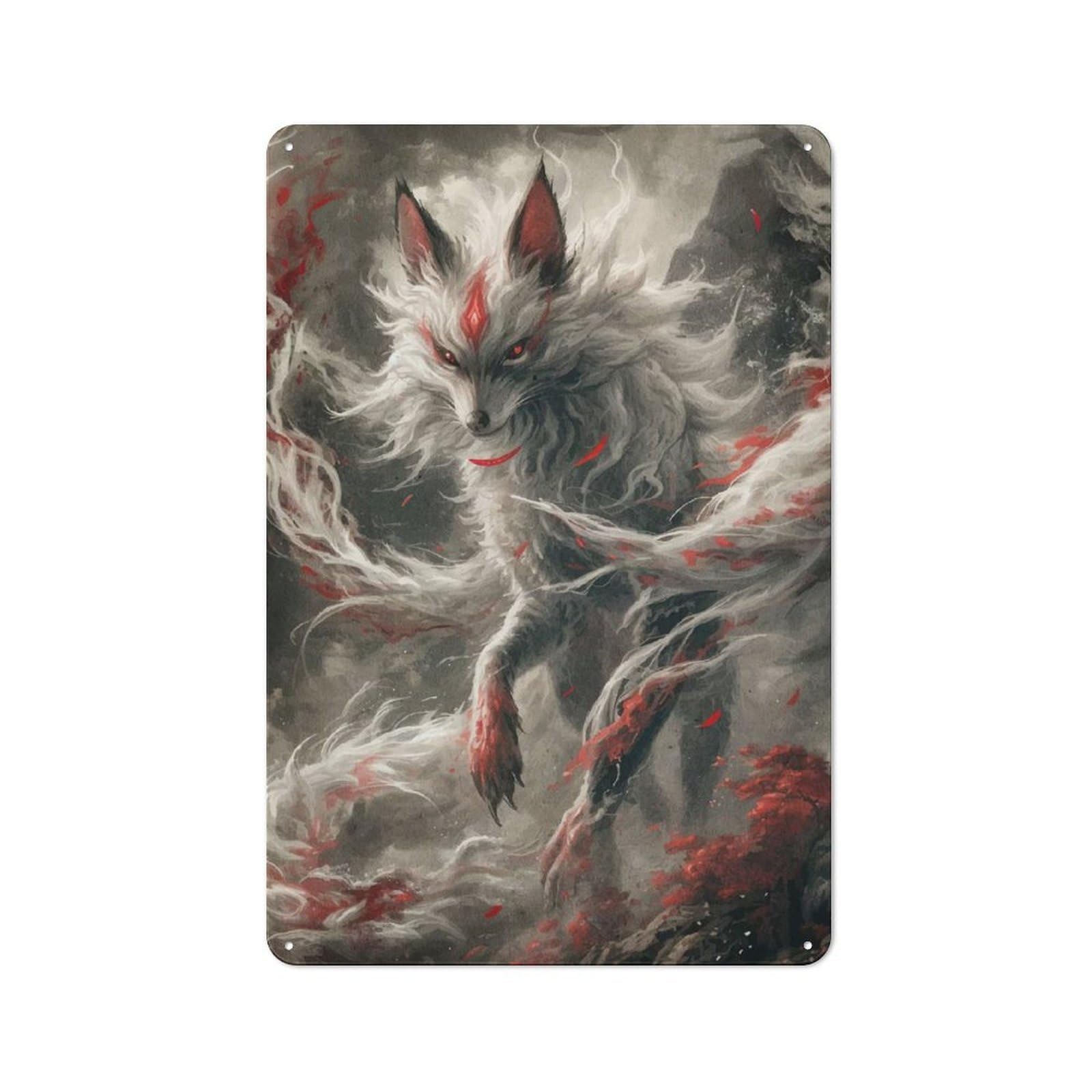Kitsune Japanese Fox Industrial Metal Sign 30x20cm, Modern Retro Loft Wall Plaque for Modern Home, Workshop, Office Or Cafe