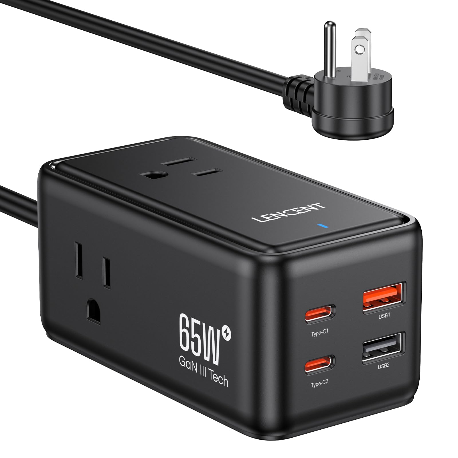 LENCENT 65W GaN III 7-in-1 Charging Station, Desktop USB C Charger Power Strip with 3 AC Outlet & 4 USB, Fast Charging for Multiple Devices, 5ft