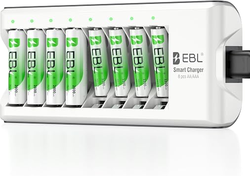 EBL Rechargeable Batteries with Charger, 1.2V NiMH AA Batteries 2800mAh 4Counts & AAA Batteries 1100mAh 4Counts with 8-Bay Smart Battery Charger