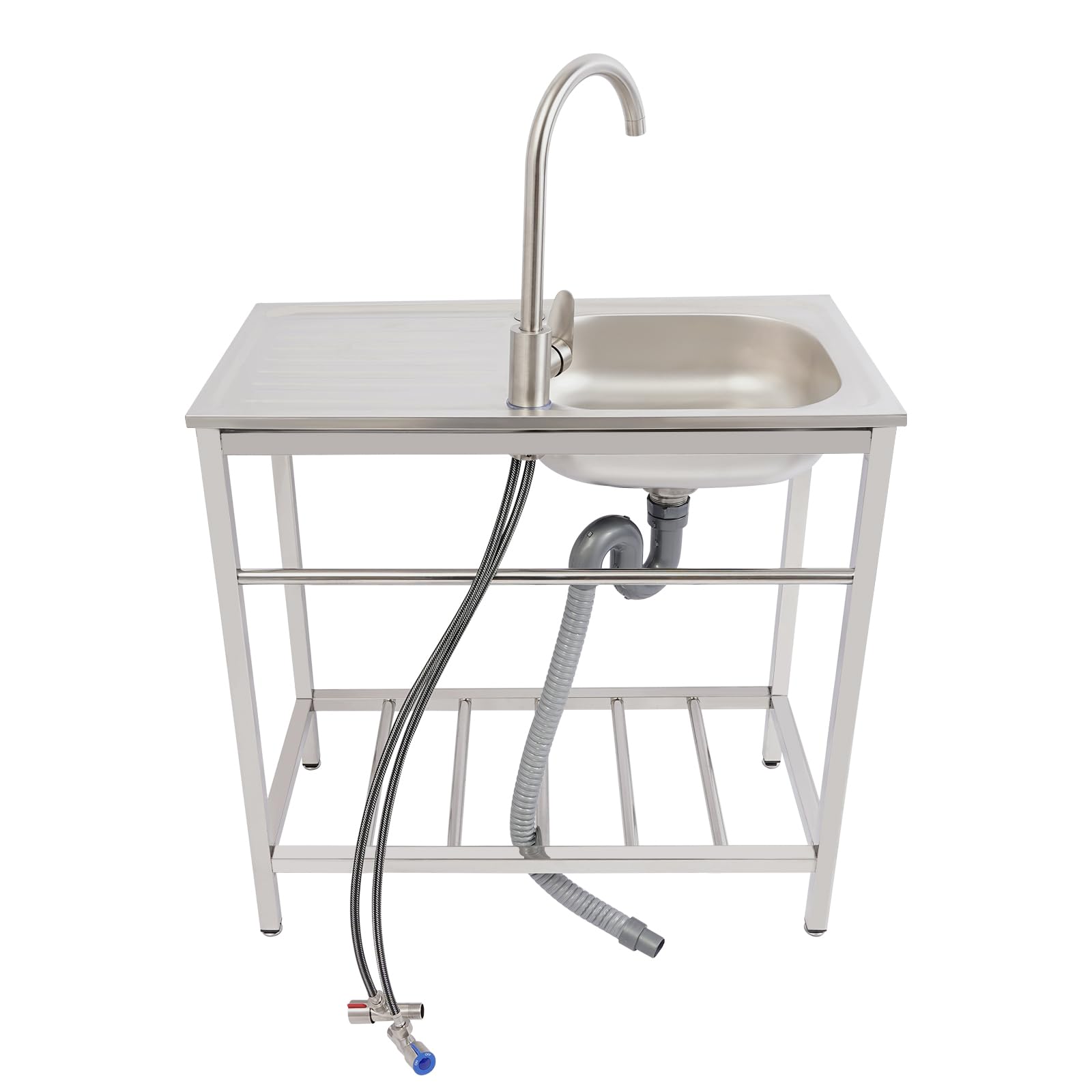Freistehende Edelstahl Spültisch 1 Becken Outdoor Spüle mit Werkbank Multifunktions Waschtisch Küchenspüle Gewerbliche Spüle mit Heiße & Kalte Wasserhahn und Ablageflächen 75x40x75cmcm
