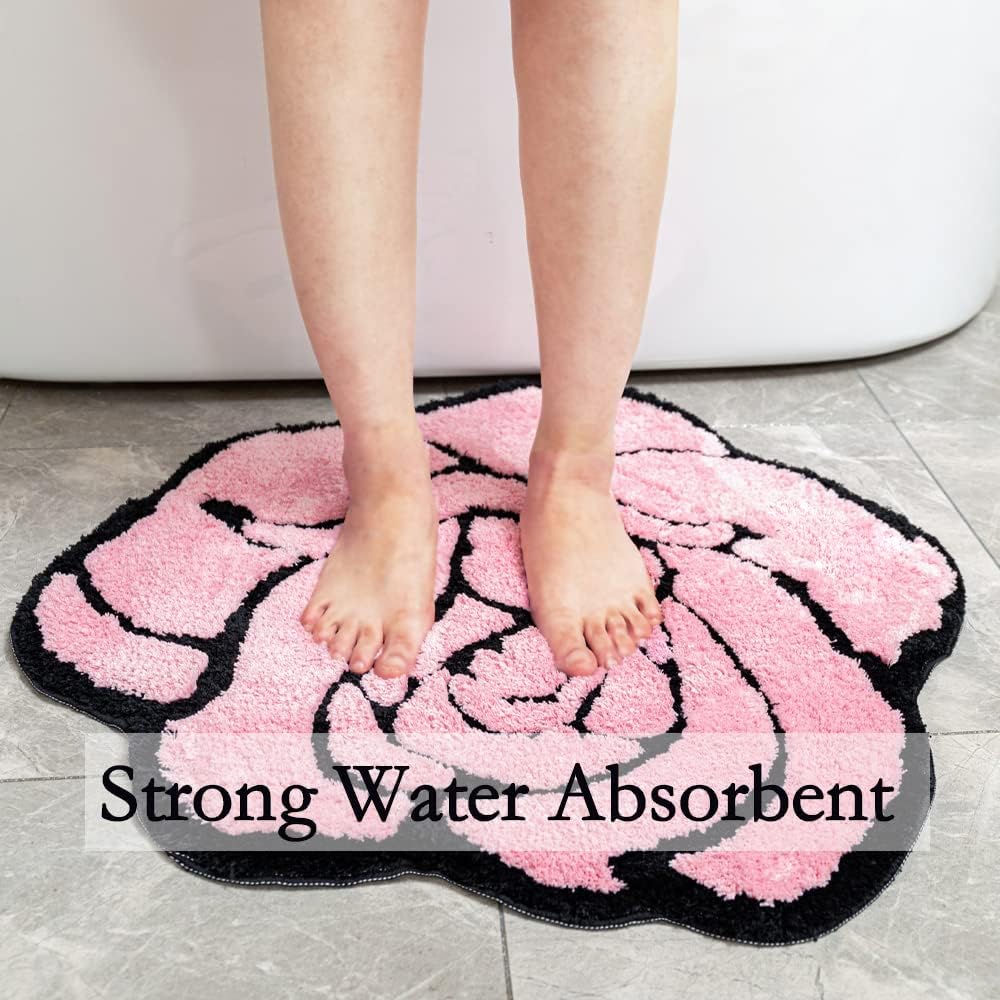 Cute Rose Bath Mat for Bathroom Pink Bathroom Mats Non Slip Flower Shaped Absorbent Bathtub Rug Bathroom Fluffy Shower Rugs Washable Decor Floral Small Rug Doormats for Tub Washbain Toilet