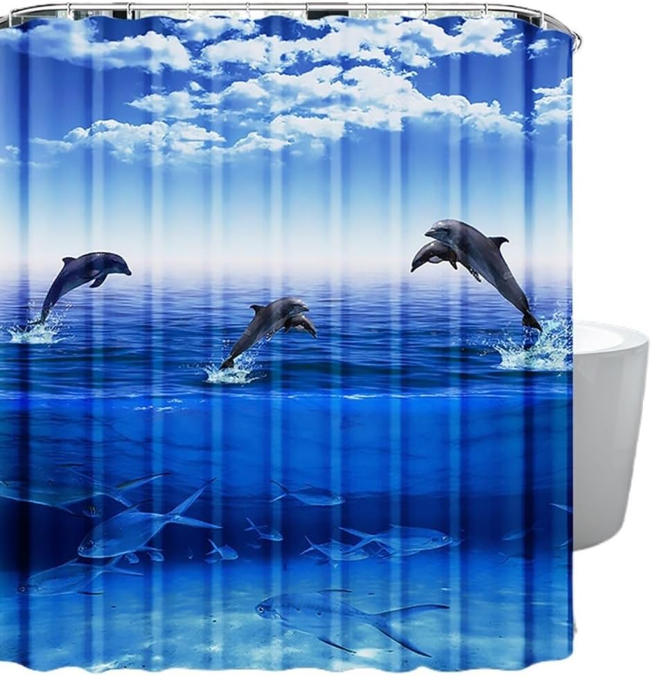 Dolphin Shower Curtain, Blue Underwater World Marine Life, Polyester Fabric, Kids Ocean Theme, 12 Hooks (D, W180xH180cm)