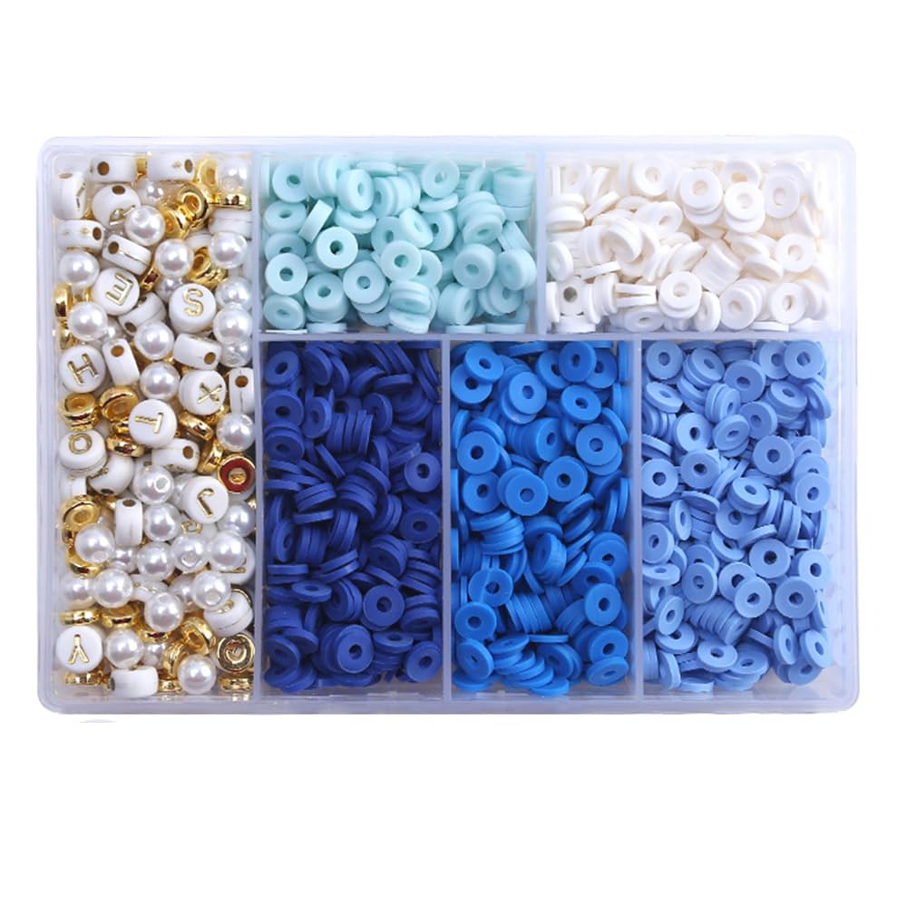 Vokenforu 1 Box Clay Beads Bracelet Making Kit, Round Polymer Clay Beads for DIY Beading, Blue Tone