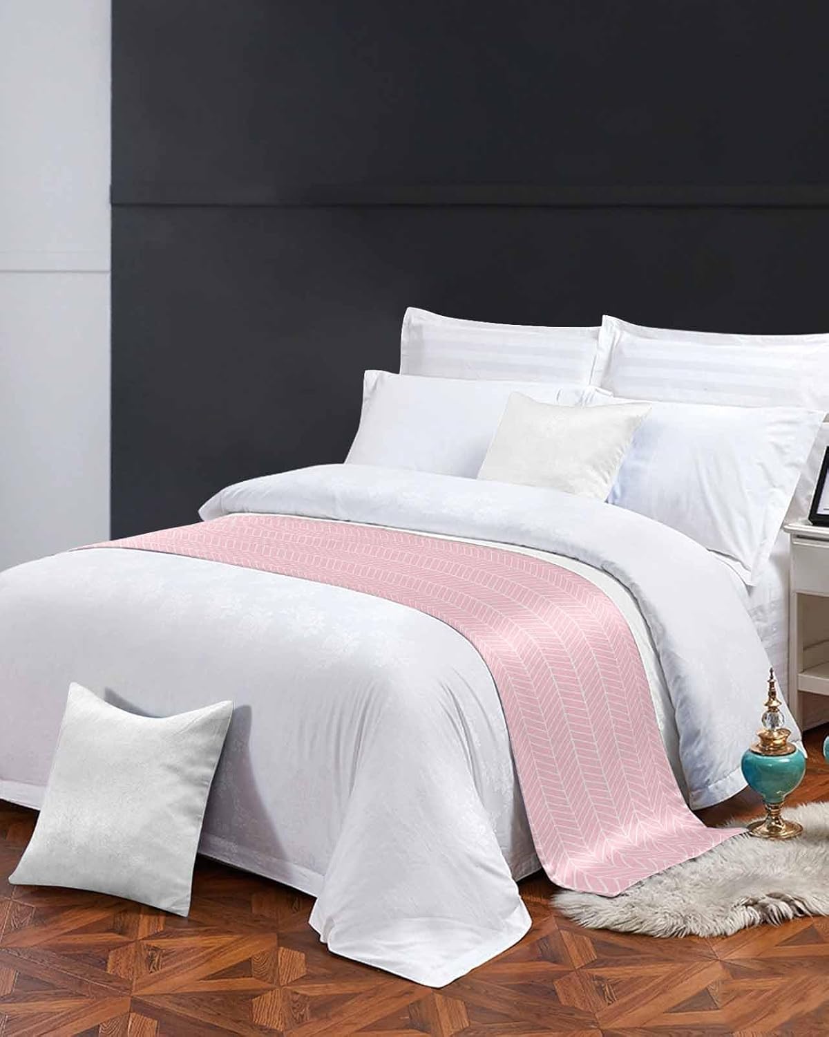 Modern Pink Bed Runner Scarf Bedding Accessory For Queen Size Bed,Soft Bed Scarves And Runners Stainproof Dustproof Bedroom Protector For Hotel,Contemporary Minimalist Geometric Stripe 94"x20"