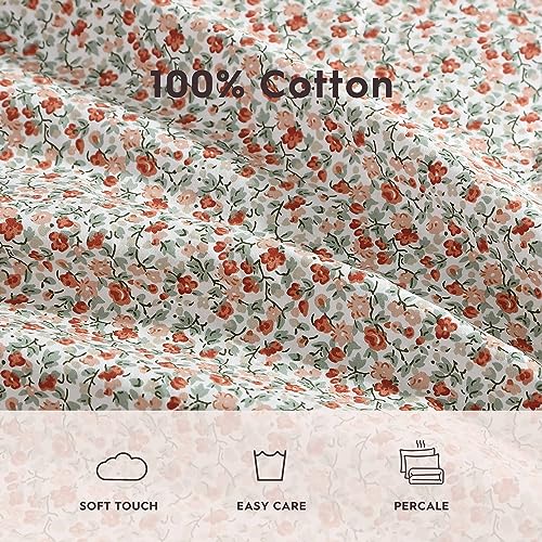 Image of Laura Ashley - Queen Size Sheet Set, Crisp Cotton Percale Bedding with Matching Pillowcases, Fully Elastic Fitted Sheet, Deep Pocket, Floral Room Decor, Breathable All-Season Comfort (Emogene Orange)