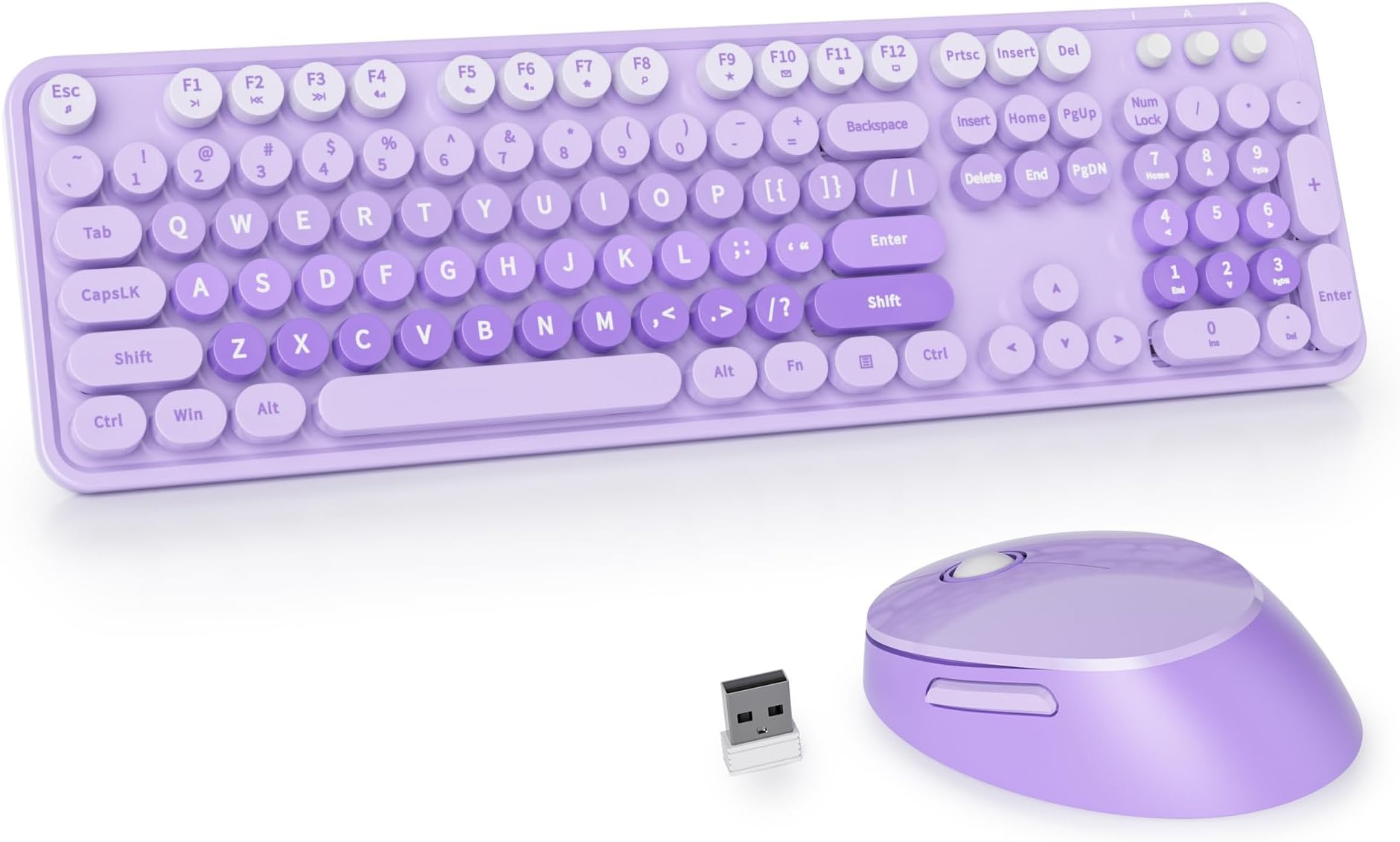 Guffercty kred Colorful Purple Wireless Keyboard and Mouse Combo, Retro Typewriter Keyboard, 2.4GHz, Full-Size, Round Keycaps, Compatible with PC, Laptop, Desktop