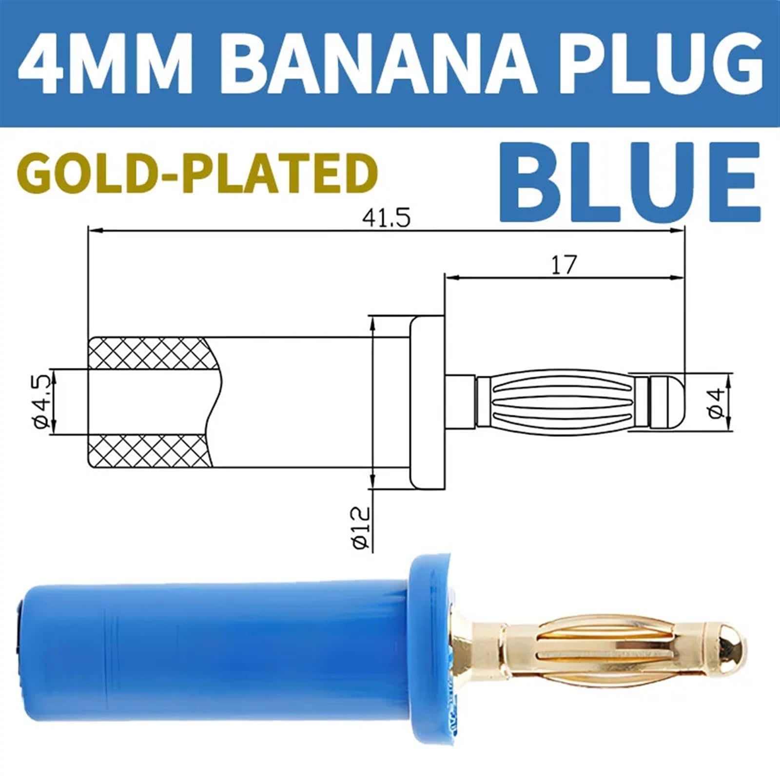 Lot de 20 fiches banane en cuivre pur plaqué or de 4 mm pour lampe de poche, câble de haut-parleur de 4 mm, fiches banane plaquées or (bleu)