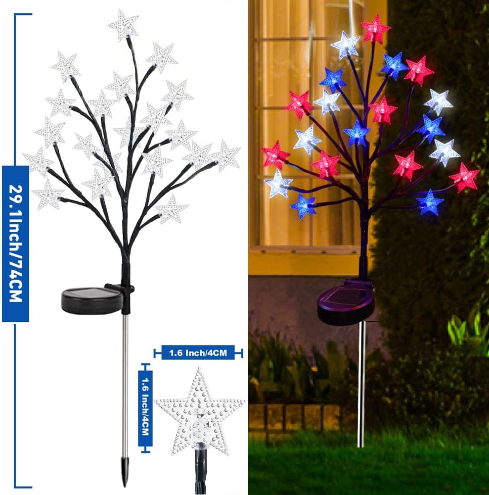 2 Packs Solar 4th of July Decorations Star Stake Lights, Waterproof Outdoor Red White and Blue Star Lights, 20LEDs with 3D Shaped Crystal Star Lights for Yard Garden Pathway Decorations