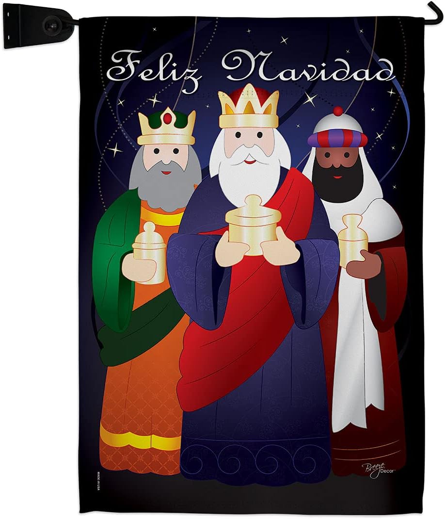 Feliz Navidad Garden Flag Set Wood Dowel Wintertime Nativity Three King Religious Holy Family Season Christian Small Decorative Gift Yard House Banner Made In USA 13 X 18.5
