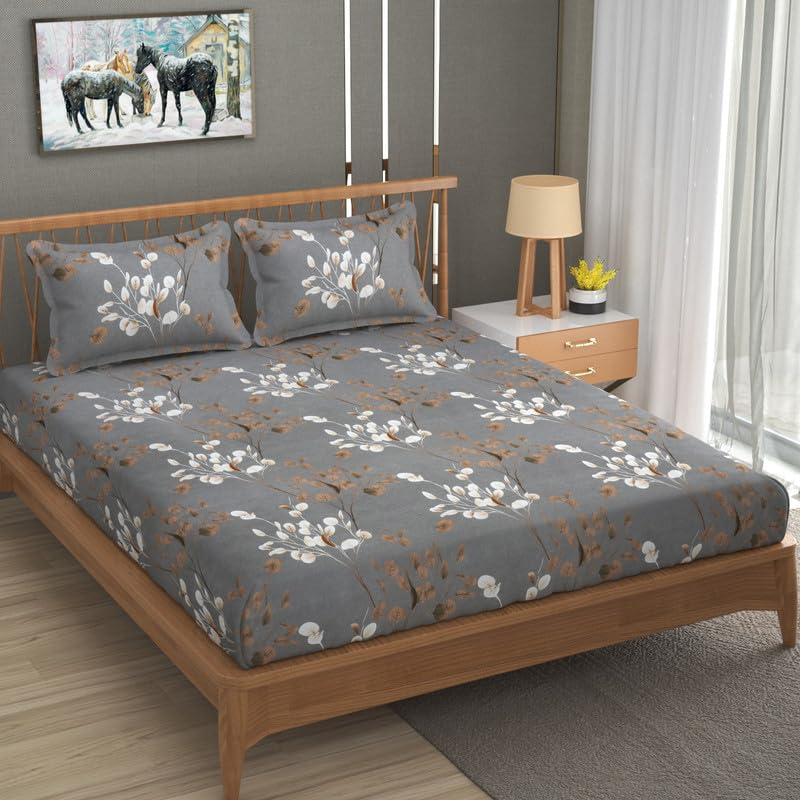 Image of NHD HOME Cotton 220 TC Super King Size Bedsheet Floral Print 108 X 108 Inch Size with 2 Pillow Cover, 275 X 275 Cm Super King Size (9 Ft by 9 Ft) (Grey & White)