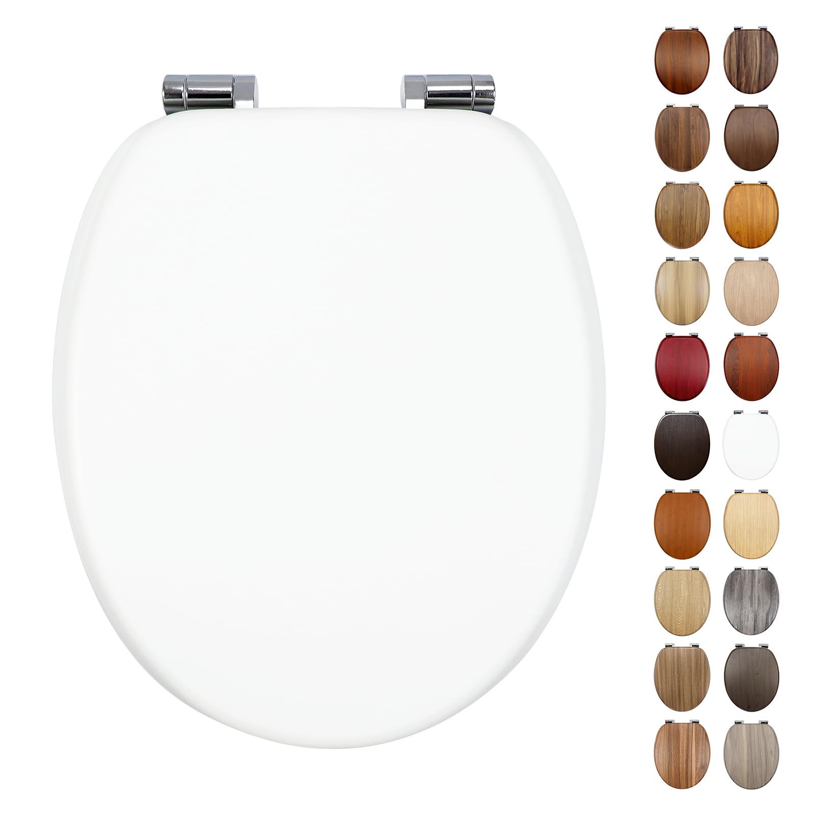 Wooden Toilet Seat White with Soft Close Adjustable Solid Zinc Alloy Hinges, MDF Wood Oval Toilet Seat with Bottom Fixings, Easy to Clean and Install- 18 Inch (MDFW01)