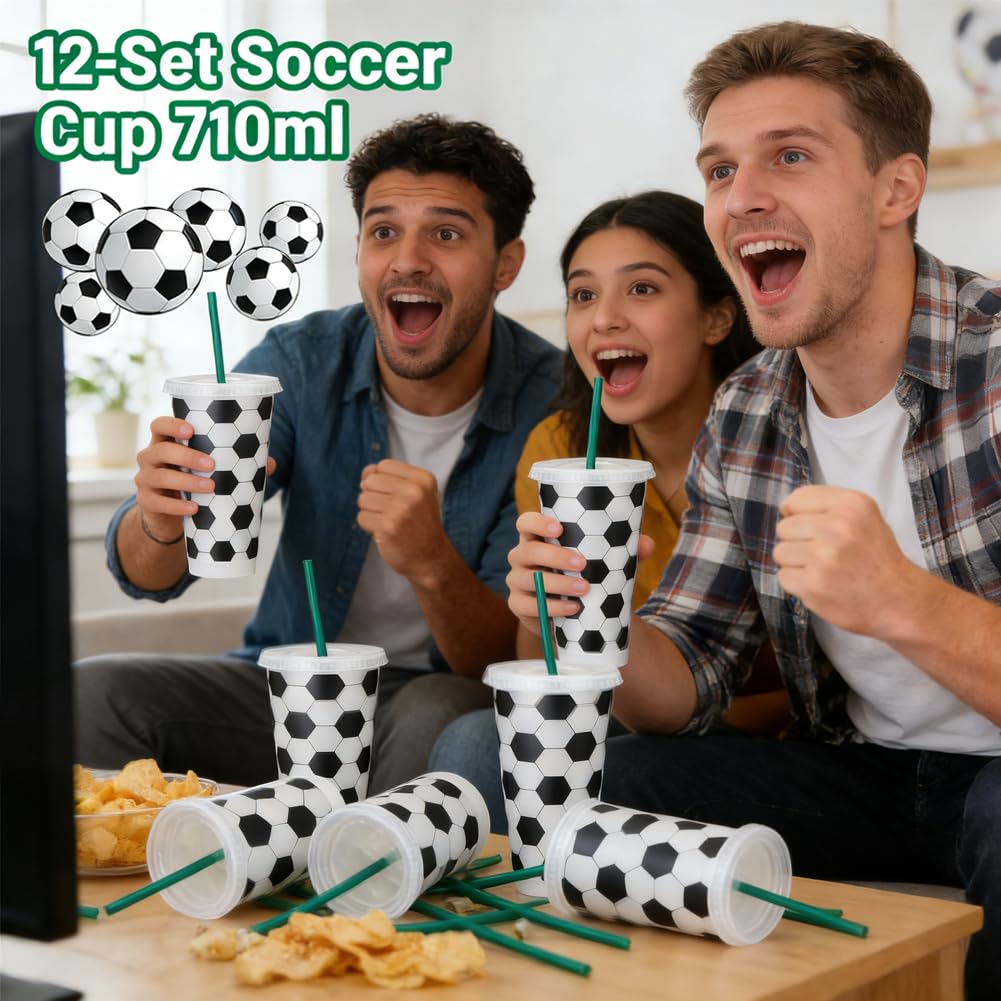 Set di 12 Bicchieri di Plastica a Tema Calcio 710ml con Coperchio e Cannuccia, Tumbler Riutilizzabile per Feste Compleanno, Decorazione per Party Sportivi, per Bambini e Adulti (Cannuccia Verde)