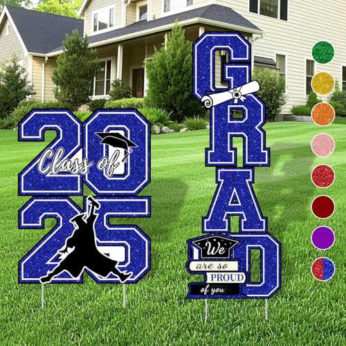 Graduation Yard Sign Class of 2025 Decorations - 4pcs Large Size Blue Glittering Congrats Grad Class of 2025 Outdoor Lawn Decor with Stakes - High School College Graduation Party Decorations Supplies