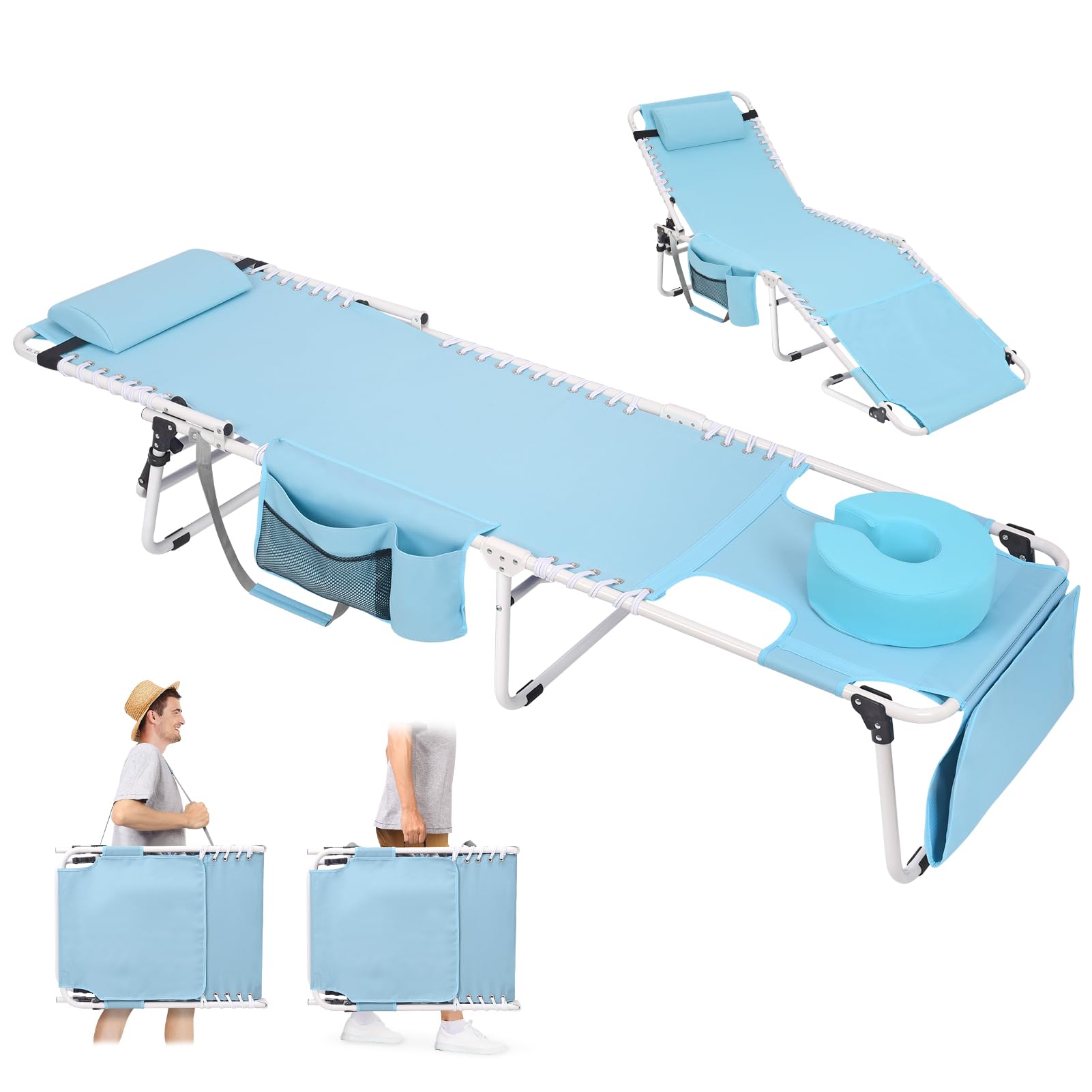 Heavy Duty Tanning Chair with Face Hole Adjustable 5-Position Folding Chaise Lounge
