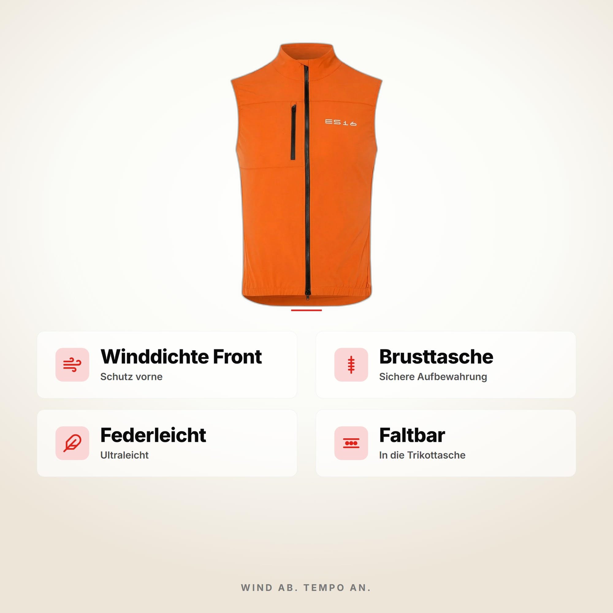 Windweste Herren Aerodynamische Cycling-Weste mit Mesh-Rücken und Wind-Schutz Vorne – Federleicht und Faltbar in Trikot-Rückentasche