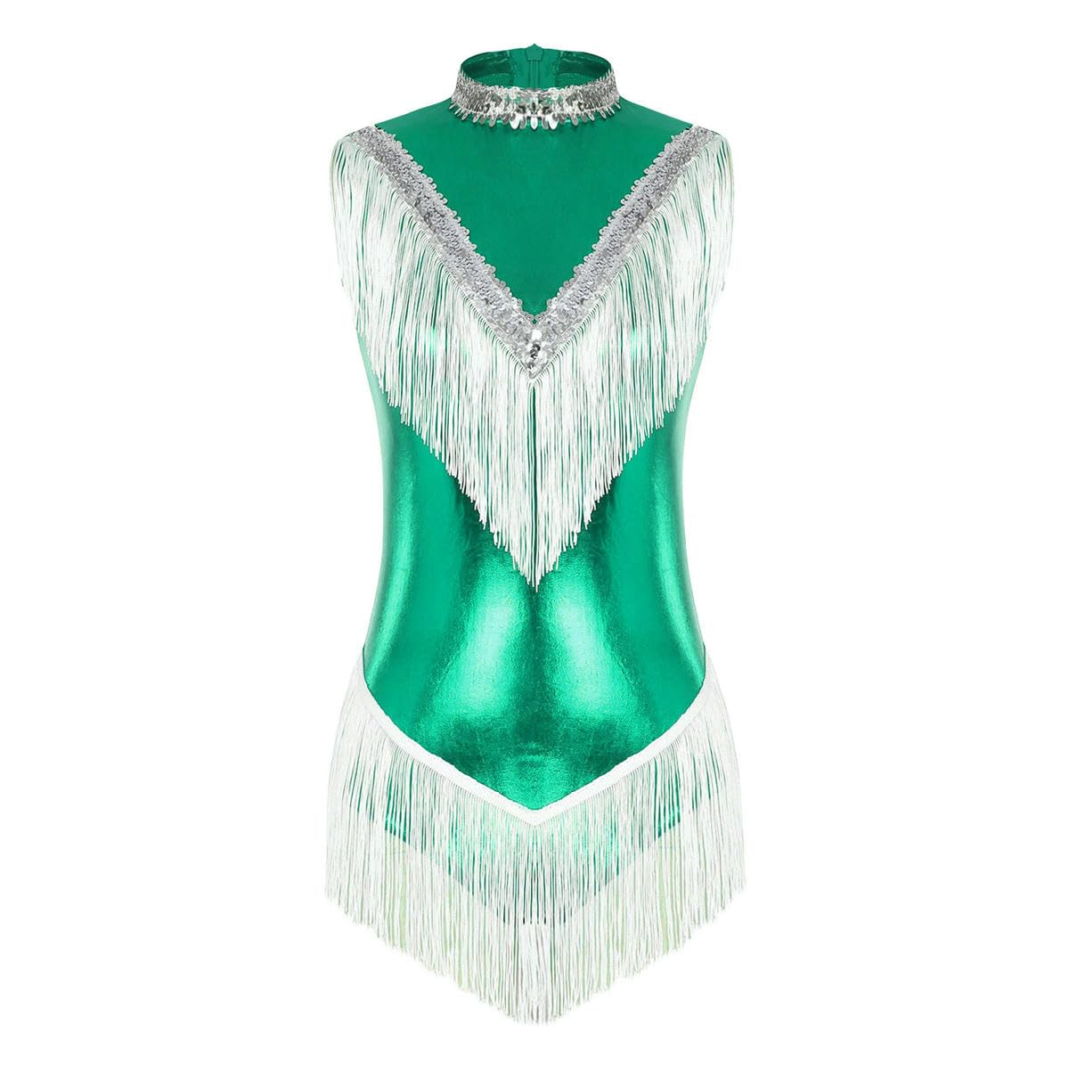 Body con frange altalene senza maniche body per le donne paillettes nappa body latino tango cha-cha danza costume performance, Argento, M