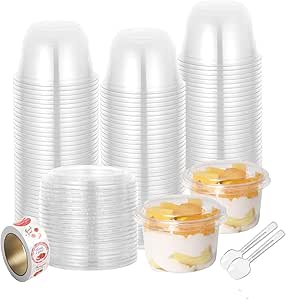 100 Pack Clear Plastic Dessert Cups with Lids,5 oz Plastic Portion Cup,Clear Ice Cream Cup for Take Away Food Dessert, Cupcake, Fruit Snack, Yogurt, Parfait, Pudding