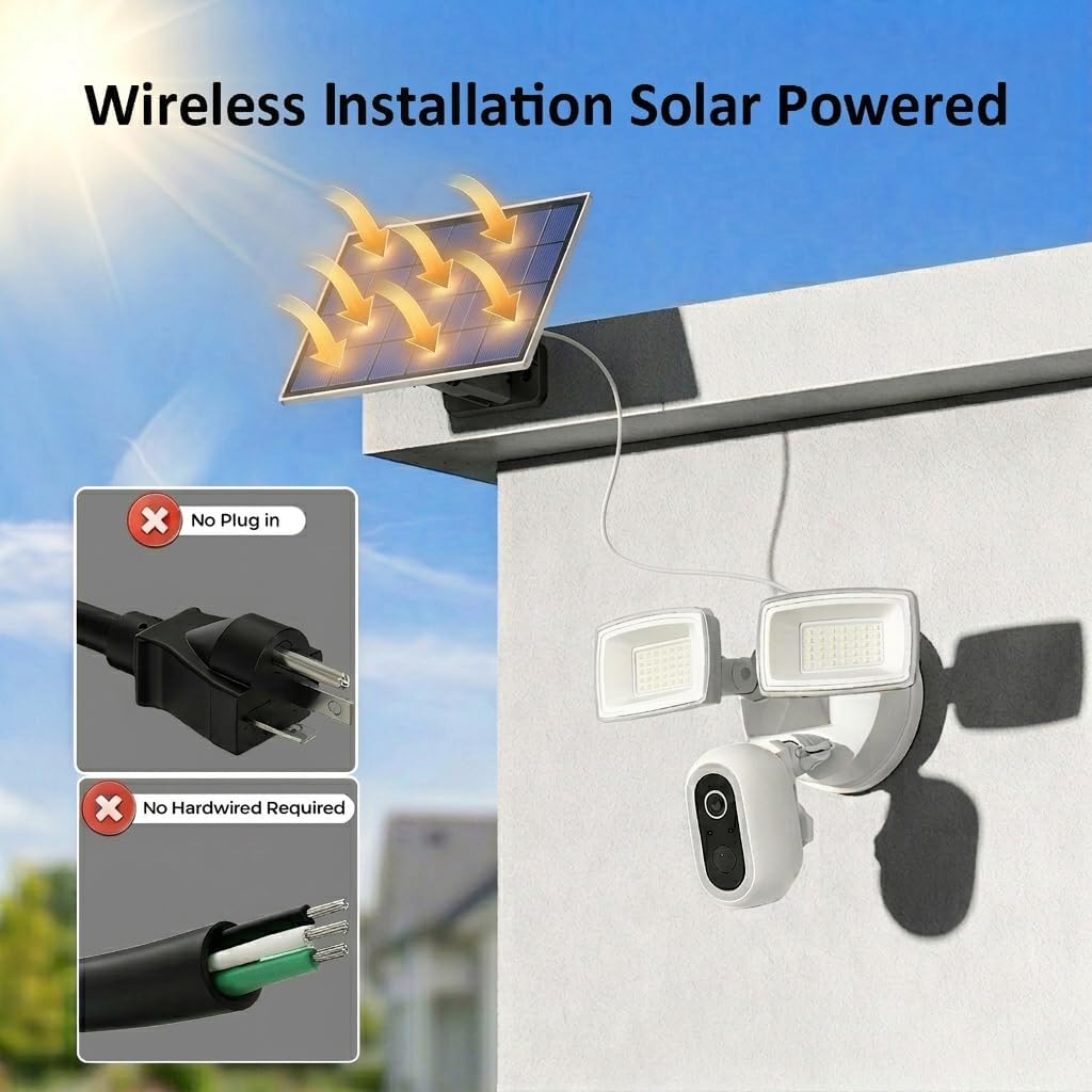 Onforu Solar Floodlight Security Camera, 2K Wireless Outdoor Flood Light Cam with Dual Adjustable Heads, Color Night Vision, Motion Detection, 2.4GHz WiFi, Siren, Rechargeable, Works with Alexa, IP65