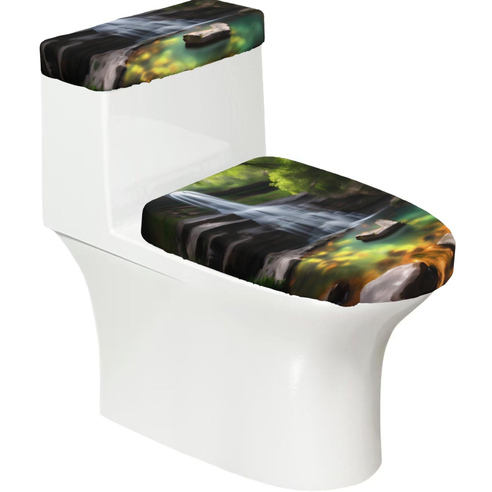 Cntdbu Black Waterfall Views Elastic Toilet Cover Set Of 2-Stretchy Lid And Tank Covers For Bathroom, Soft Washable U Shape Toilet Decor