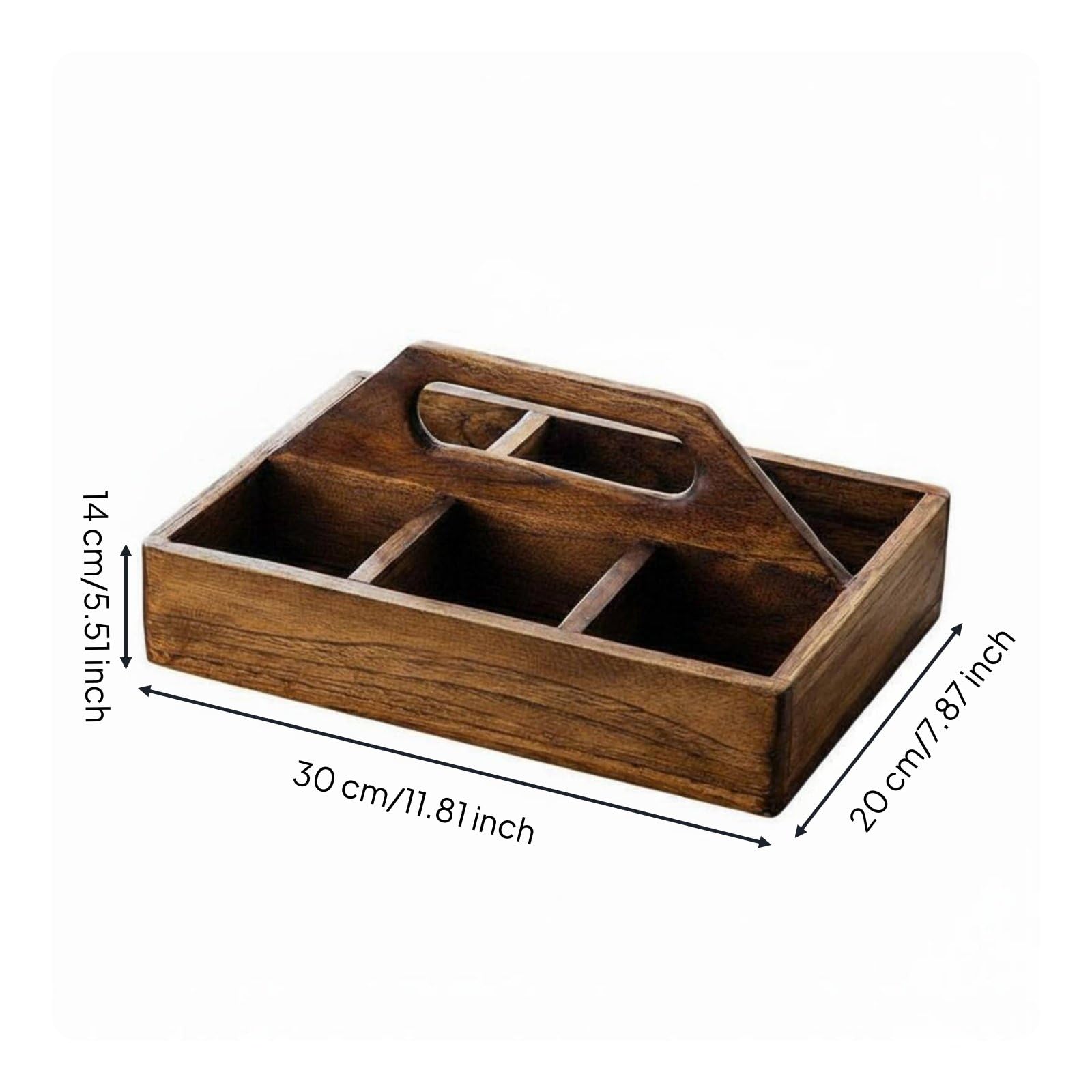 Milageto Bandeja de Servir con Organizador de, Cesta Organizadora De Madera con Asa Y 4 Compartimentos, Dimensiones Externas 30cm Largo X 20cm Ancho X 14cm Alto Compartimento 1 8cm X 8cm X 4.5cm.