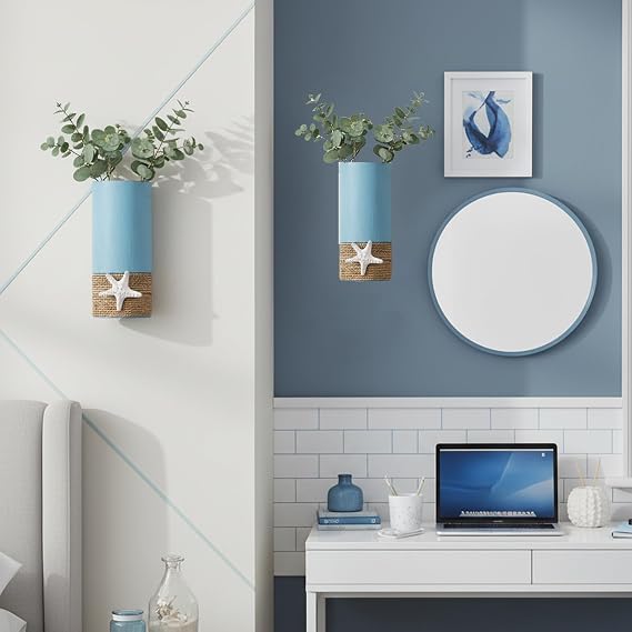 2 Pack Blue Metal Wall Vase,Coastal Wall Vase for Flowers