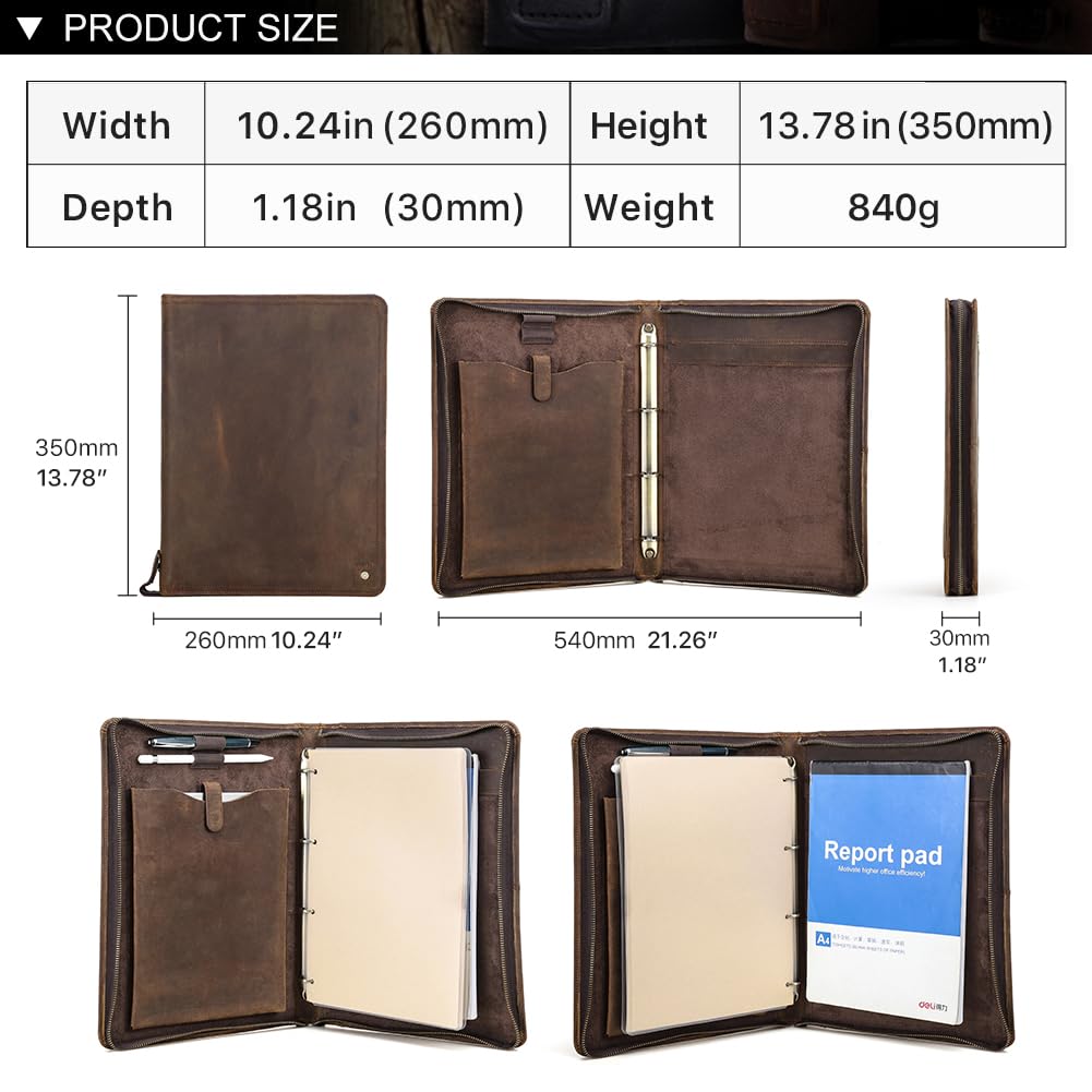 Hiram Cartella portadocumenti in pelle A4 con cerniera, multifunzione, con tasca per schizzi formato A4, tasca per tablet da 28 cm e raccoglitore a 4 anelli
