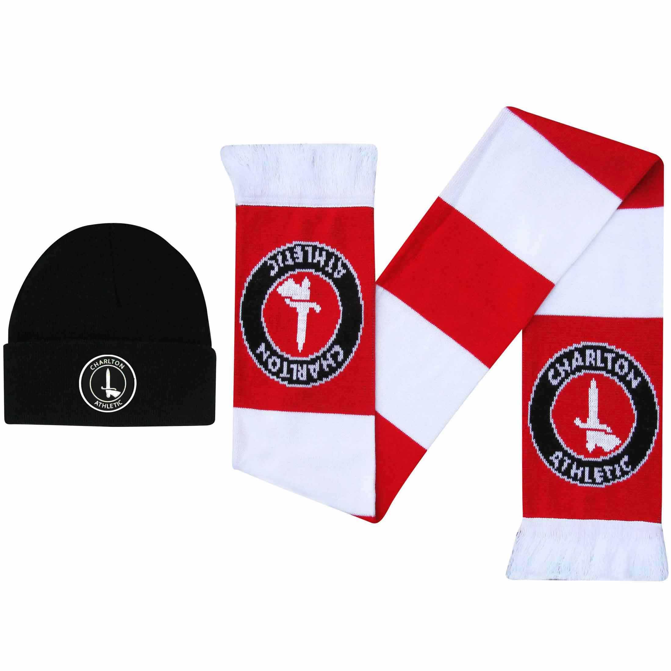GIFTS 4 ALL Charlton Athletic Bar Scarf & Hat Gift Set, Charlton Athletic Match Day Scarves, Charlton Football Crest Woolly Hats, CAFC Addicks Fans Souvenir Hat & Scarf Set